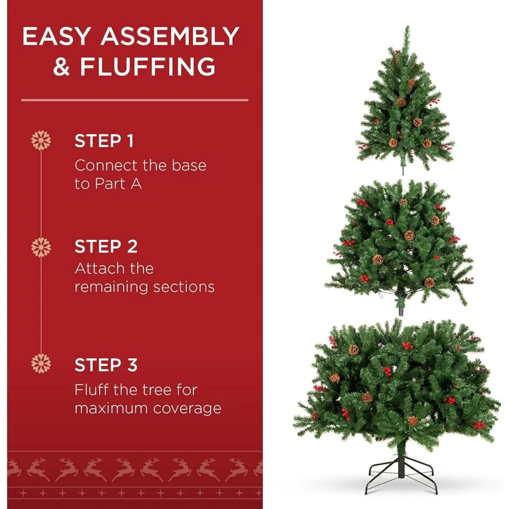 6ft Pre-Lit Spruce Artificial Christmas Tree with 798 Tips, Pinecones & Berries, 250 Lights, Metal Base