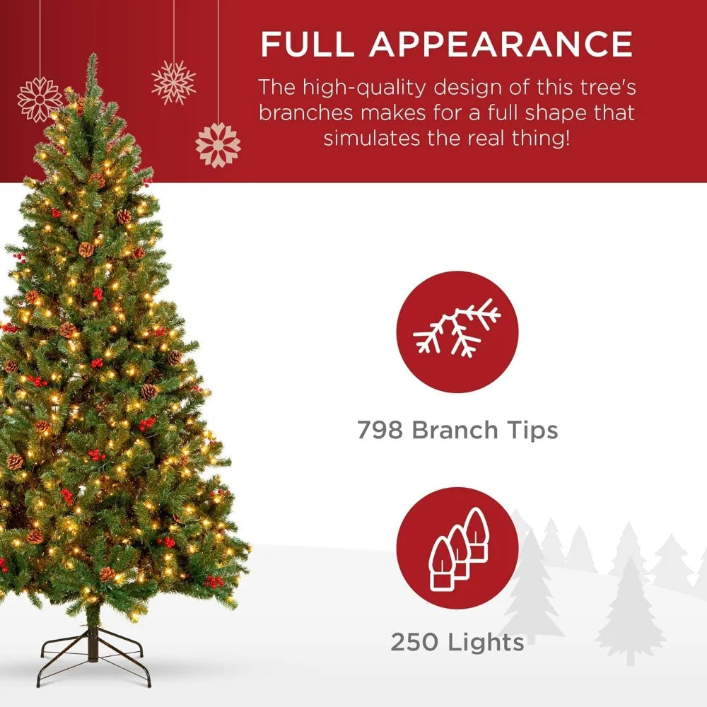 6ft Pre-Lit Spruce Artificial Christmas Tree with 798 Tips, Pinecones & Berries, 250 Lights, Metal Base