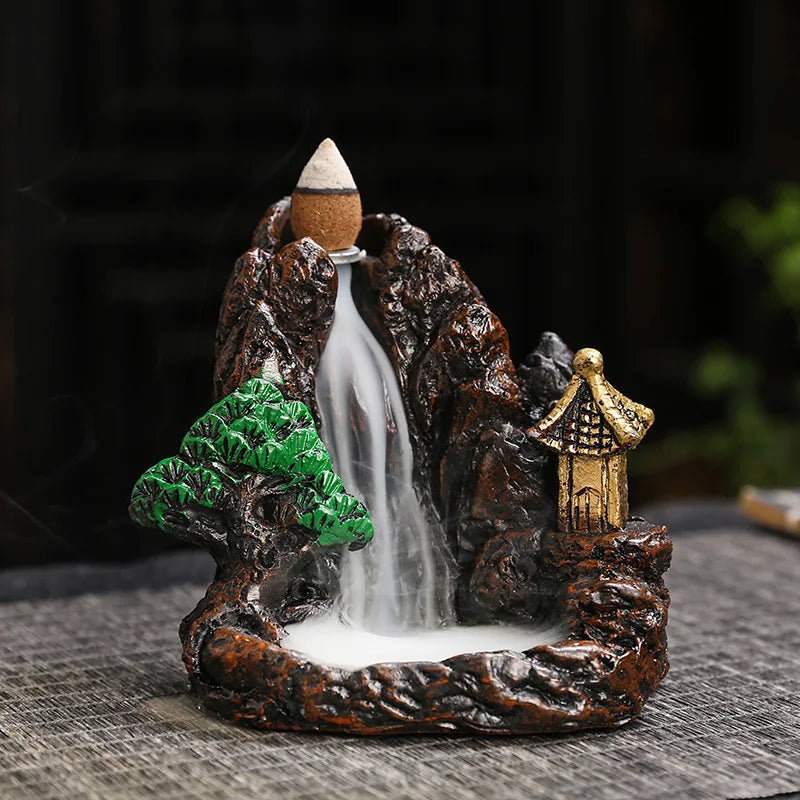 Creative High Mountain Flowing Resin Back Flow Incense Holder Waterfall Incense Burner Home Indoor Decor Aromatherapy Ornament