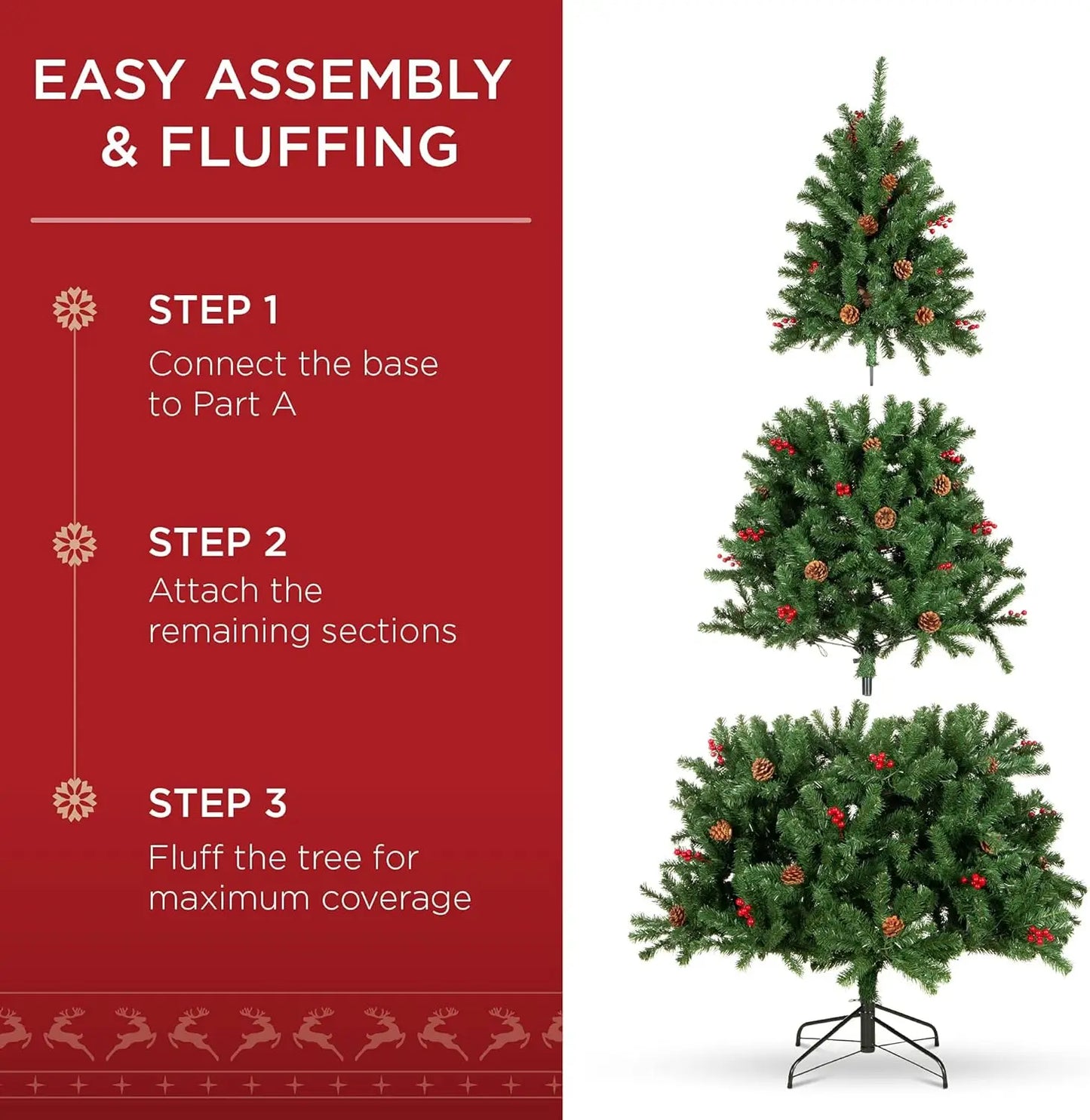 6ft Pre-Lit Spruce Artificial Christmas Tree with 798 Tips, Pinecones & Berries, 250 Lights, Metal Base