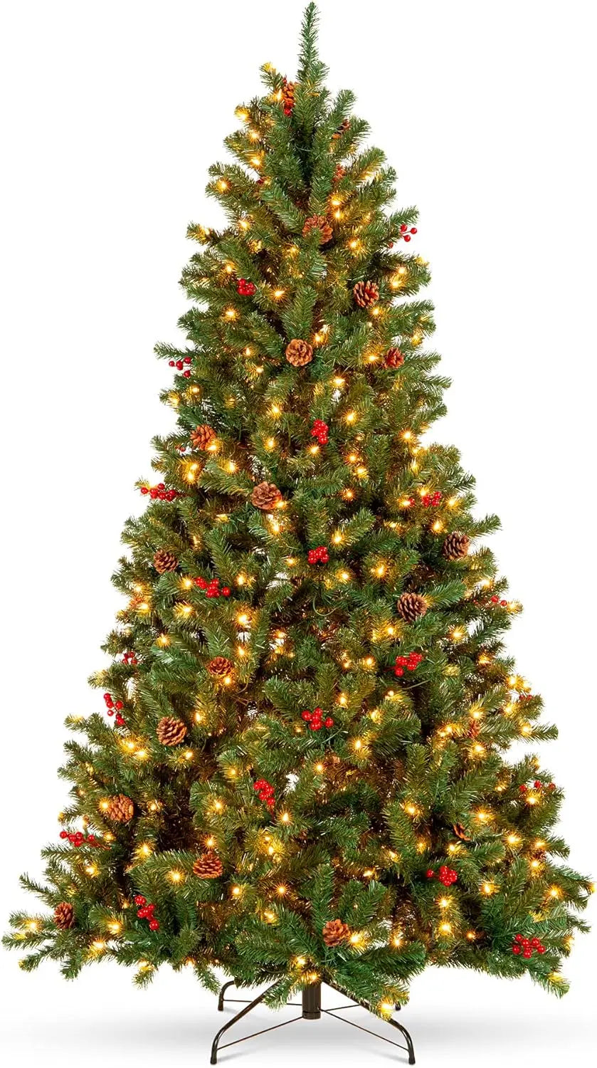 6ft Pre-Lit Spruce Artificial Christmas Tree with 798 Tips, Pinecones & Berries, 250 Lights, Metal Base